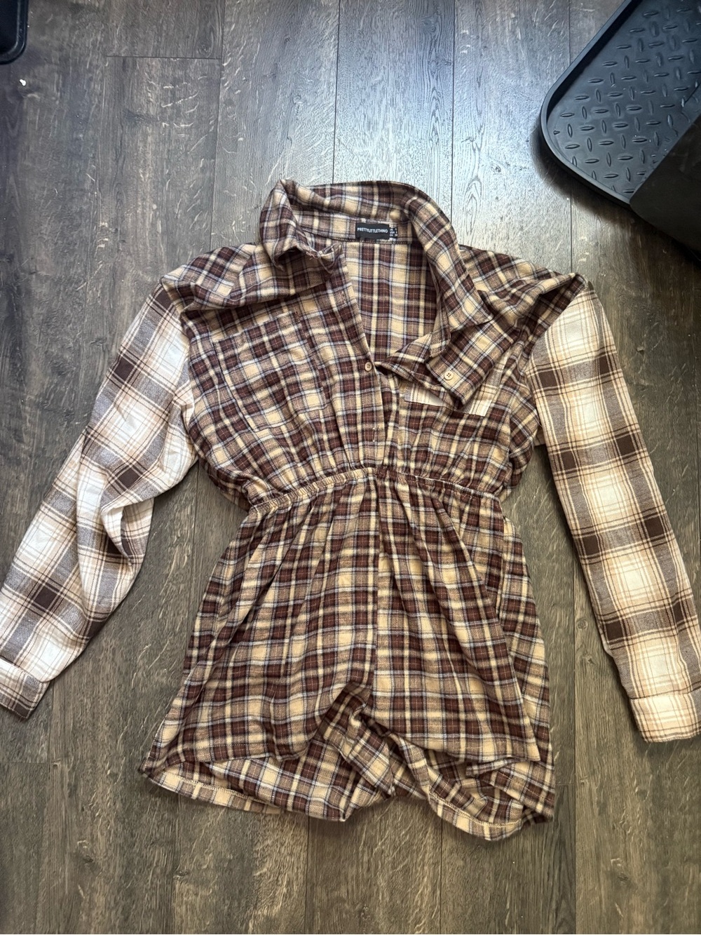 Plaid Button-Front Women’s Top with Elastic Waist - Brown/Ivory